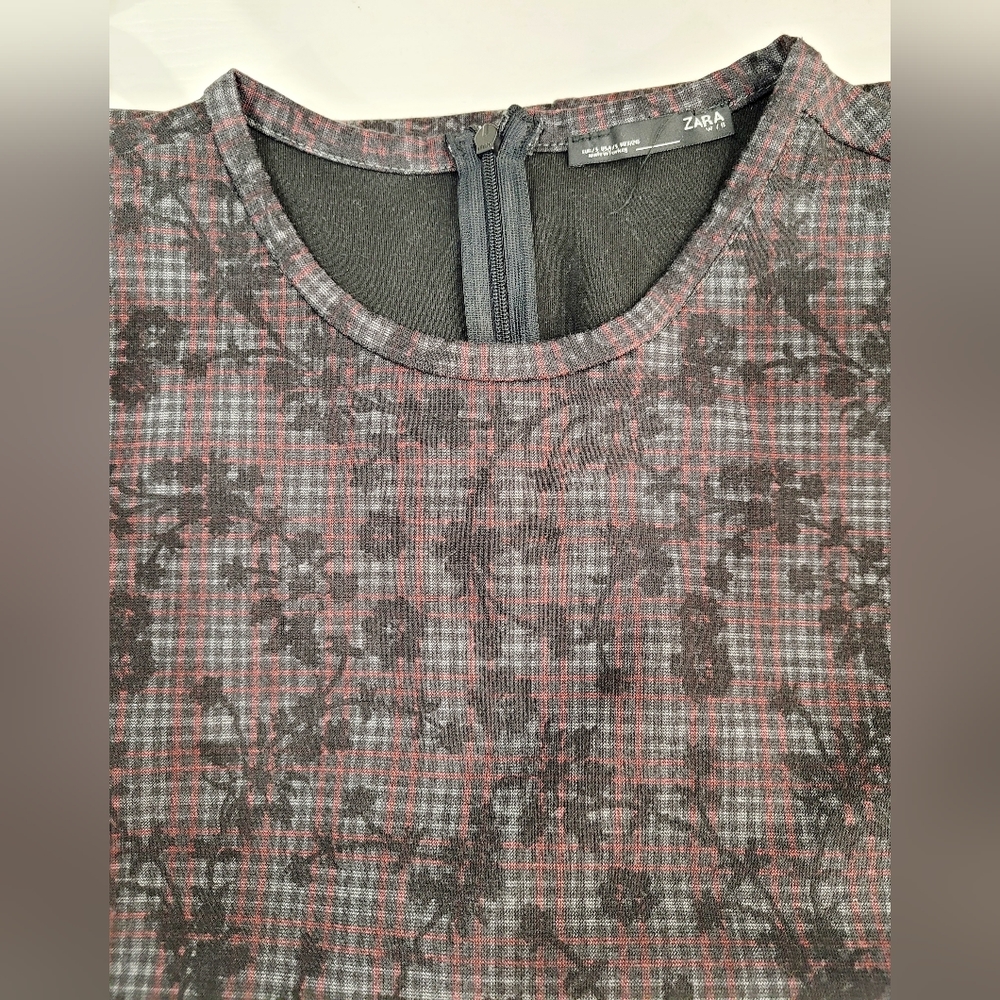 Zara Dress Bodycon Check Grey Burgundy Round Neck Long Sleeve - Picture 4 of 8